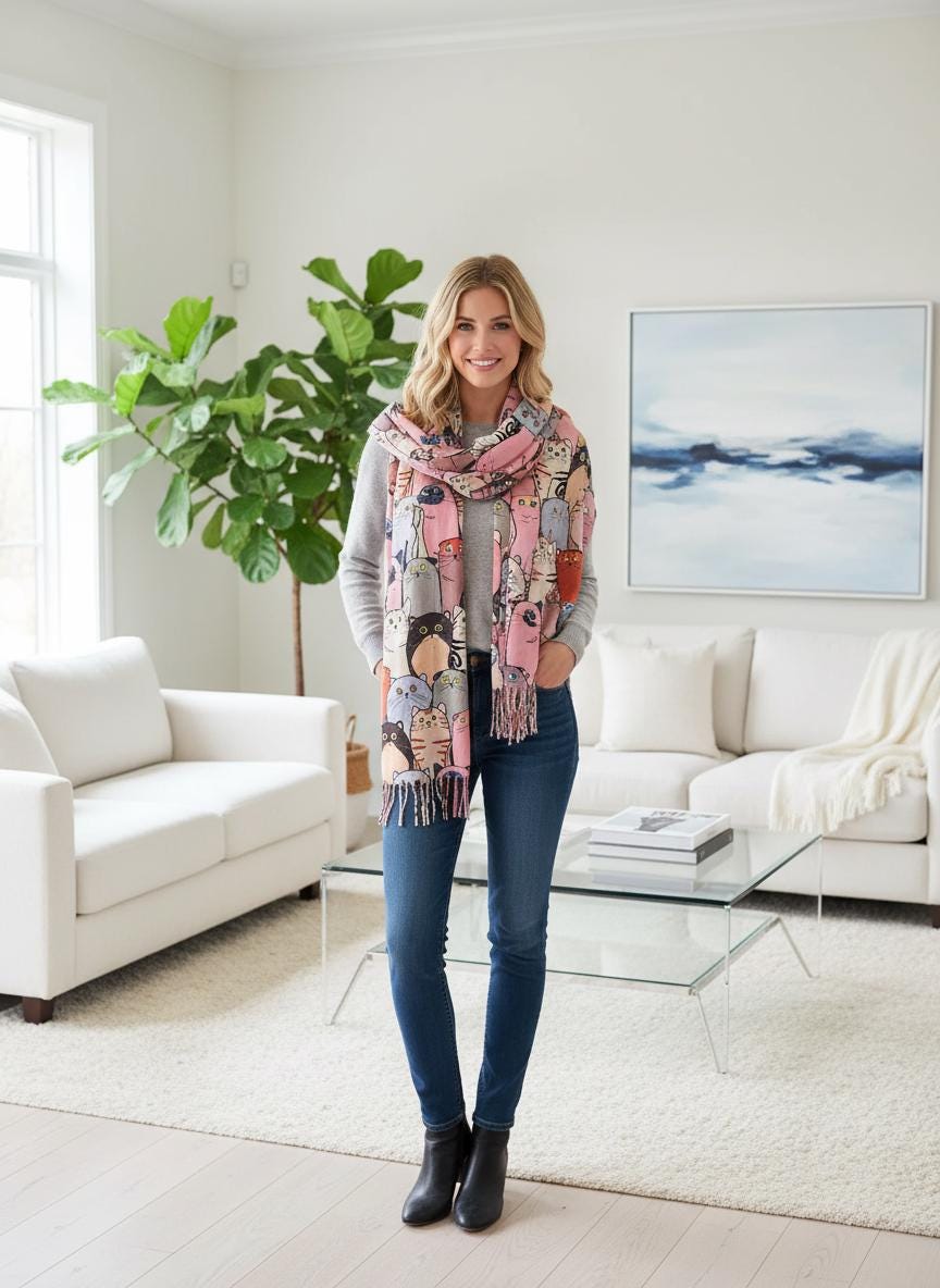 Cat Print Scarf Cashmere Feel Shawl Wrap with Tassels Comes with a gift bag