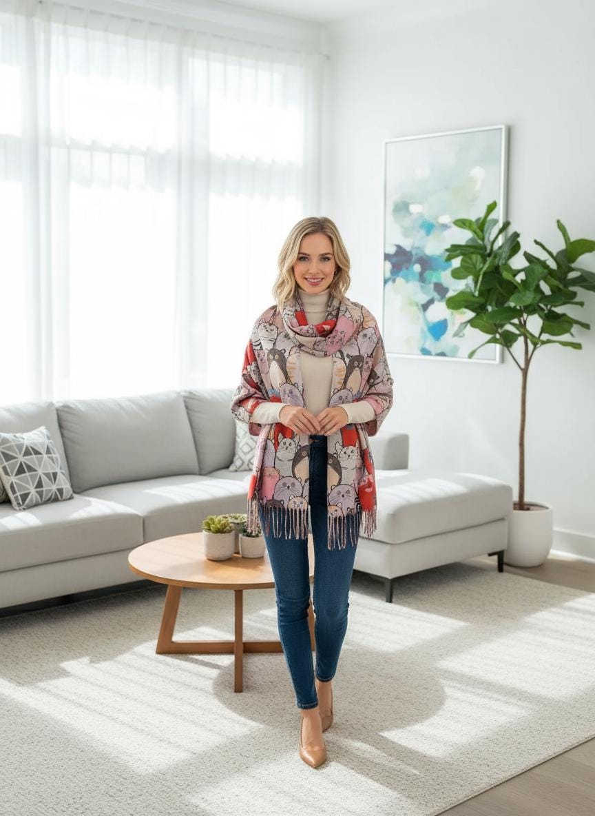 Cat Print Scarf Cashmere Feel Shawl Wrap with Tassels Comes with a gift bag