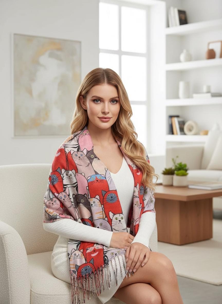 Cat Print Scarf Cashmere Feel Shawl Wrap with Tassels Comes with a gift bag