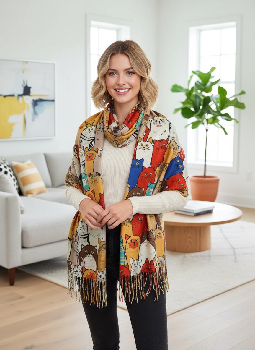 Cat Print Scarf Cashmere Feel Shawl Wrap with Tassels Comes with a gift bag