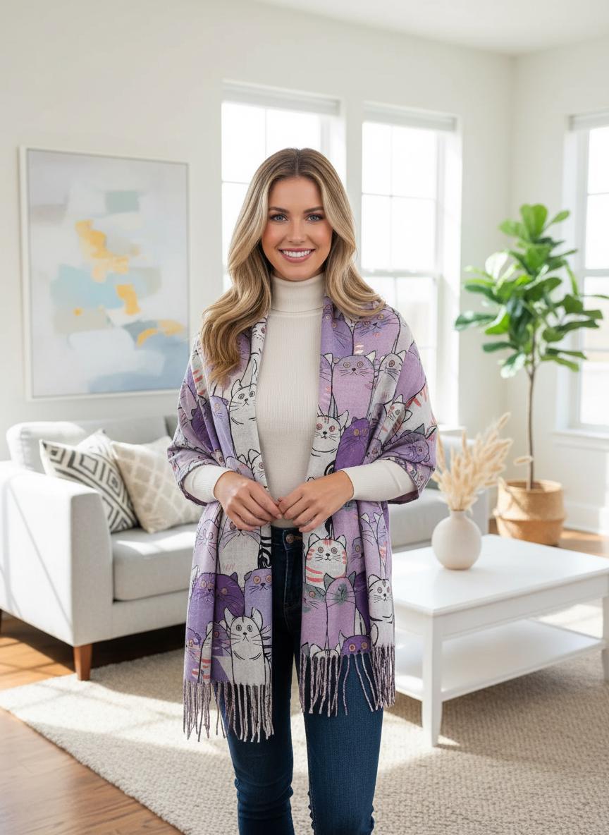 Cat Print Scarf Cashmere Feel Shawl Wrap with Tassels Comes with a gift bag