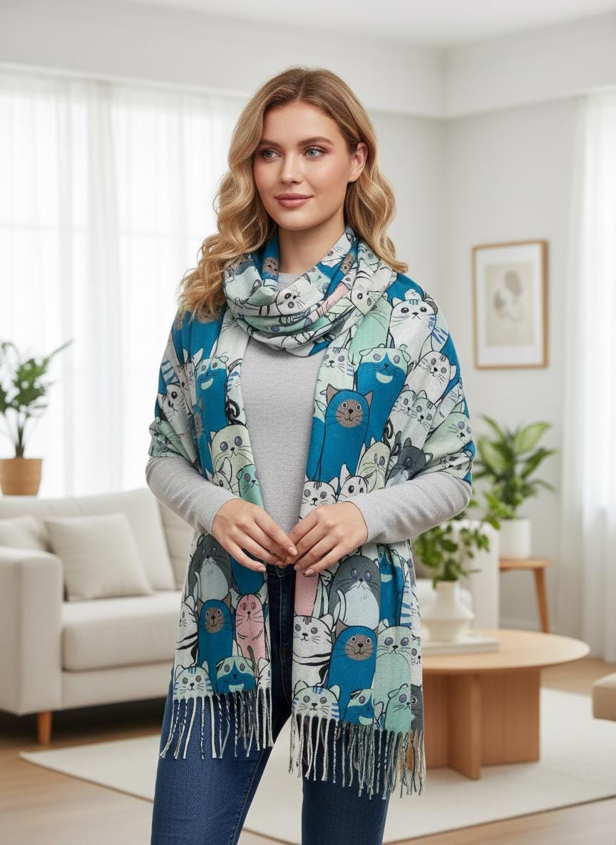Cat Print Scarf Cashmere Feel Shawl Wrap with Tassels Comes with a gift bag
