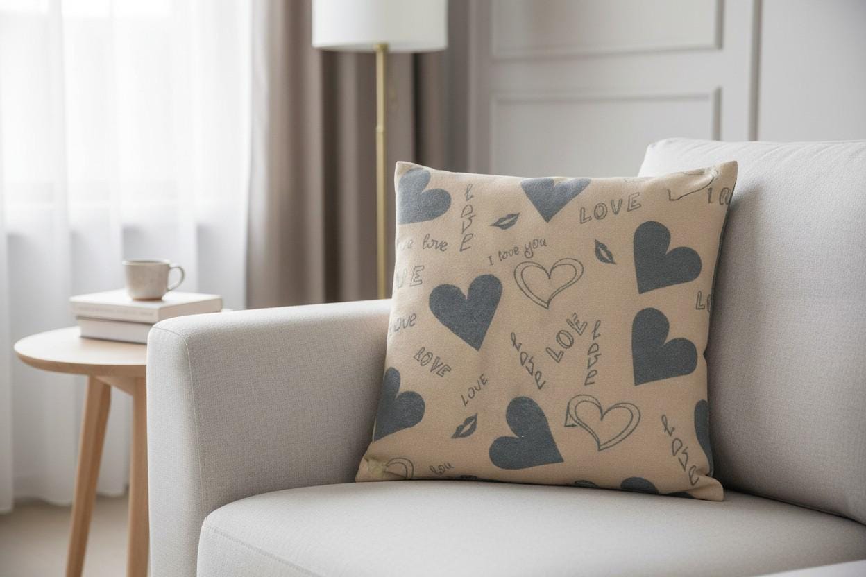 Love Heart Print Cushion with Inner – Decorative Throw Pillow