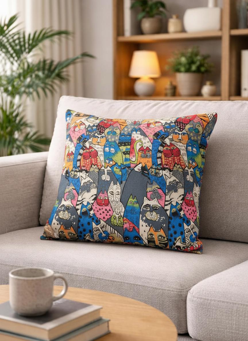 Artistic Cat Print Cushion with Inner – Decorative Throw Pillow