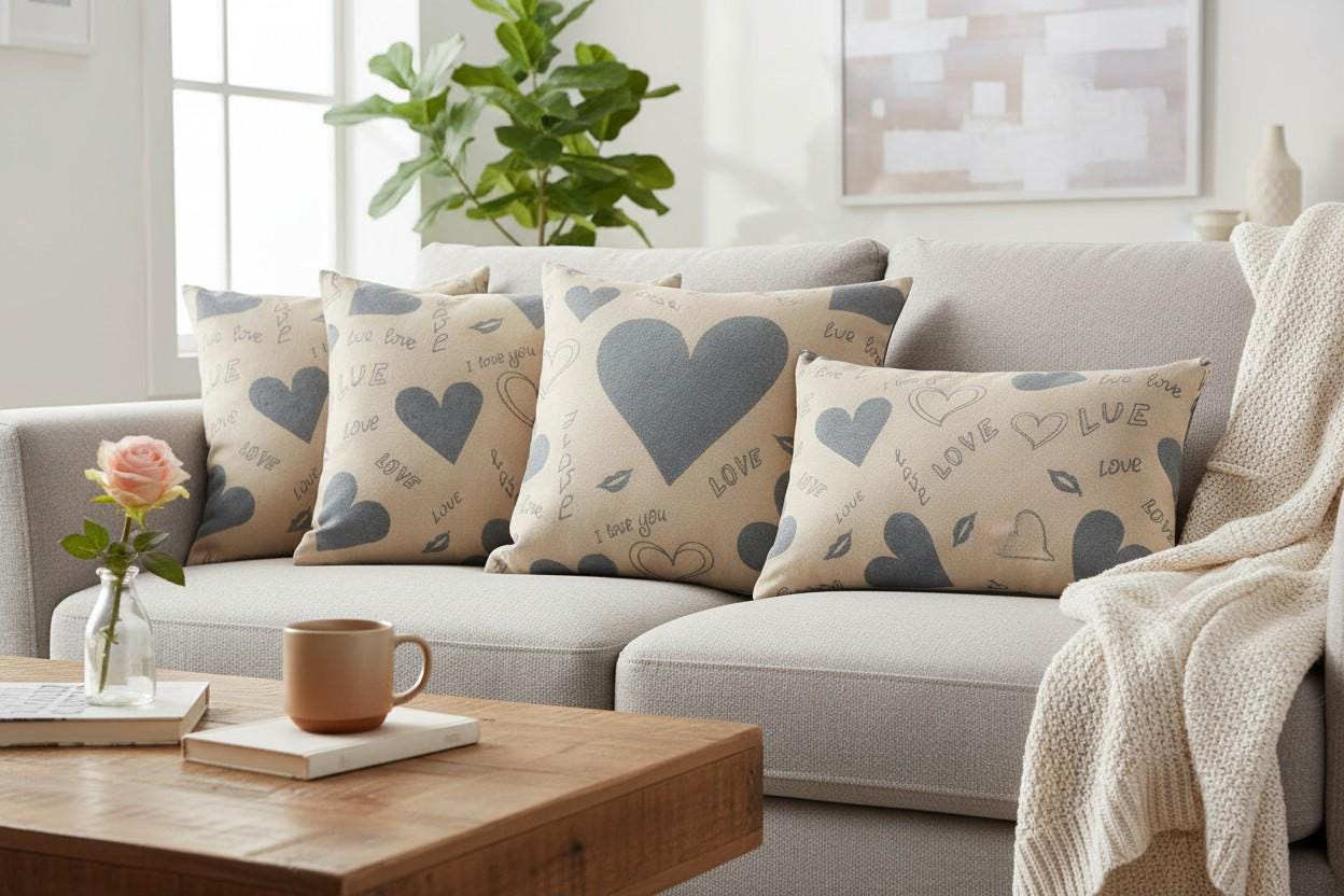 Love Heart Print Cushion with Inner – Decorative Throw Pillow