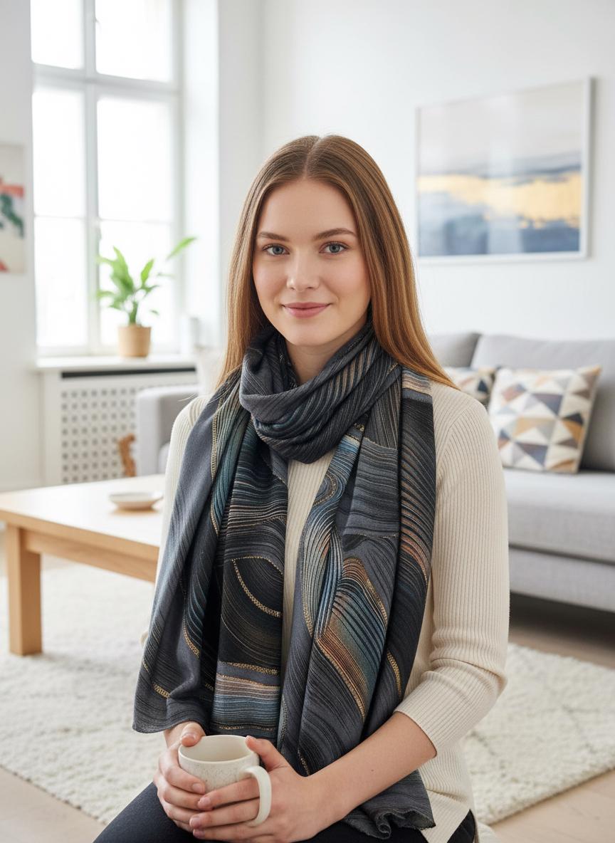 Rose gold outlined Swirl Wave  Print Pashmina Shawl Comes with a gift bag