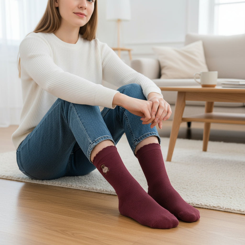 Teddy Bear Embroidered -Plain Seamless Socks